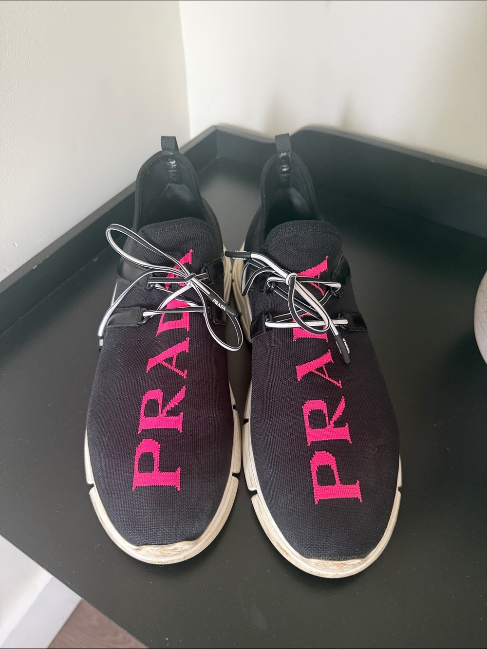 Prada Black Knit Slip-On Sneakers with Hot Pink Logo